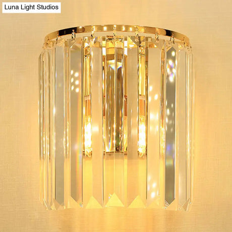 Simple Gold Wall Sconce With Semi Cylindrical Crystal Block - 1 Head Mounted Light Fixture