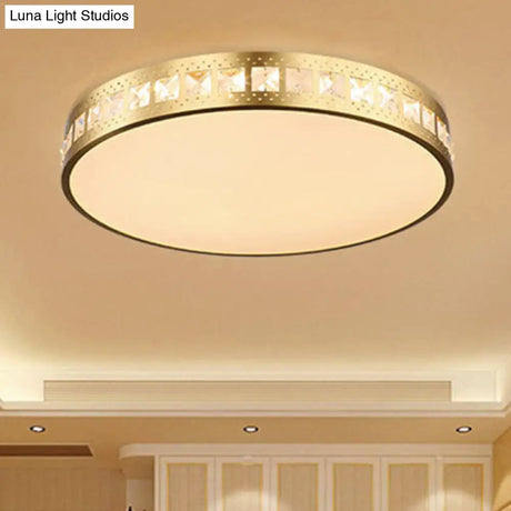 Simple K9 Crystal Gold Drum Ceiling Light - Led Flush Mount Fixture (16’/19.5’/23.5’) 3 Color