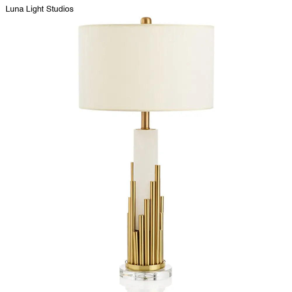 Simple Style Fabric Drum Shade Table Lamp With White Nightstand Light For Living Room - 1 Bulb