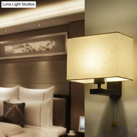 Simple Style Fabric Rectangle Wall Lamp - 1 Bulb Beige Bedside Light Fixture