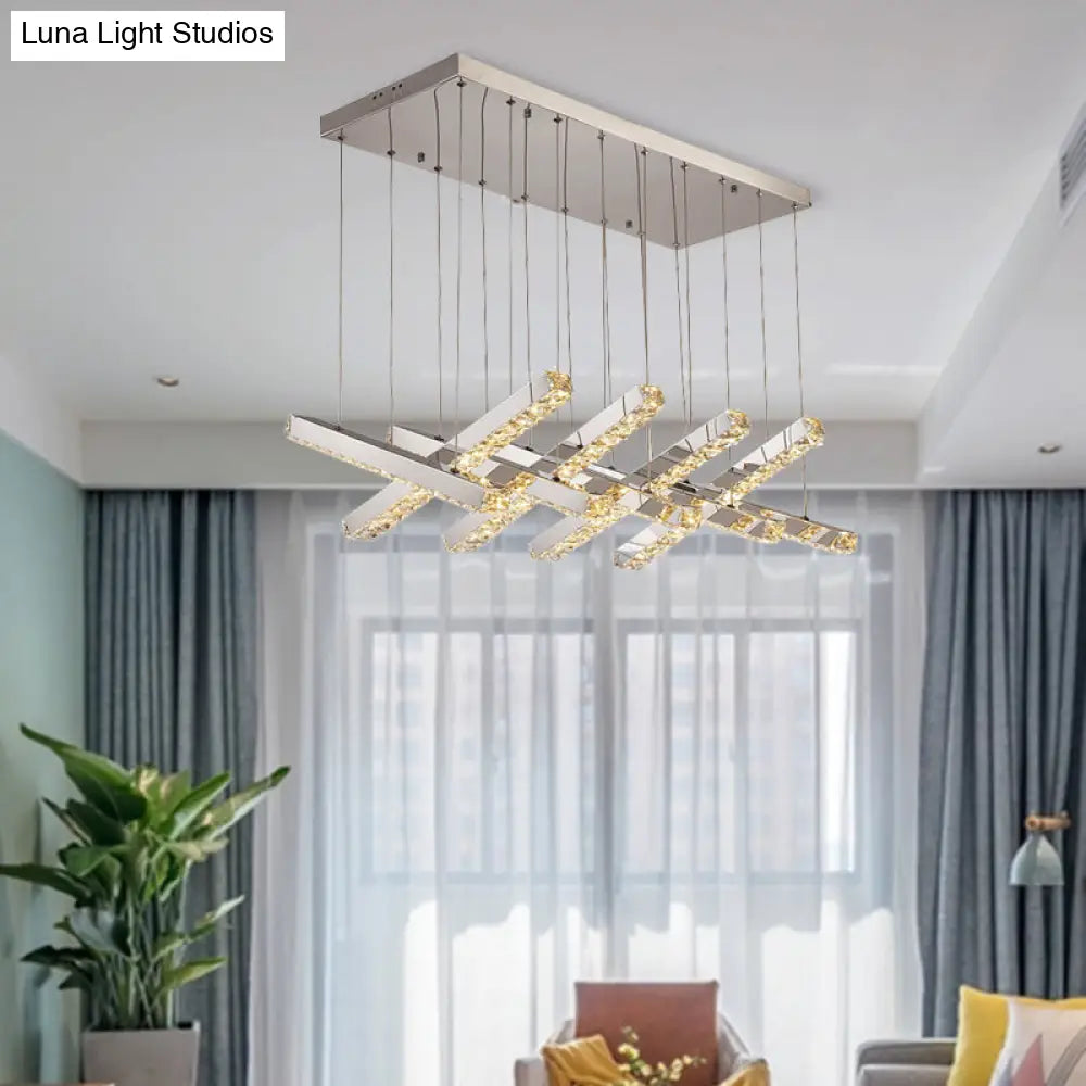 Simple Style K9 Crystal Chandelier - Linear Living Room Ceiling Light With 6/9 Silver Heads In