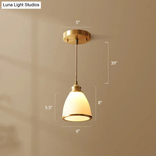 Simple Style Opal Glass Brass Pendant Lamp Bell Shade Hanging Light For Dining Room