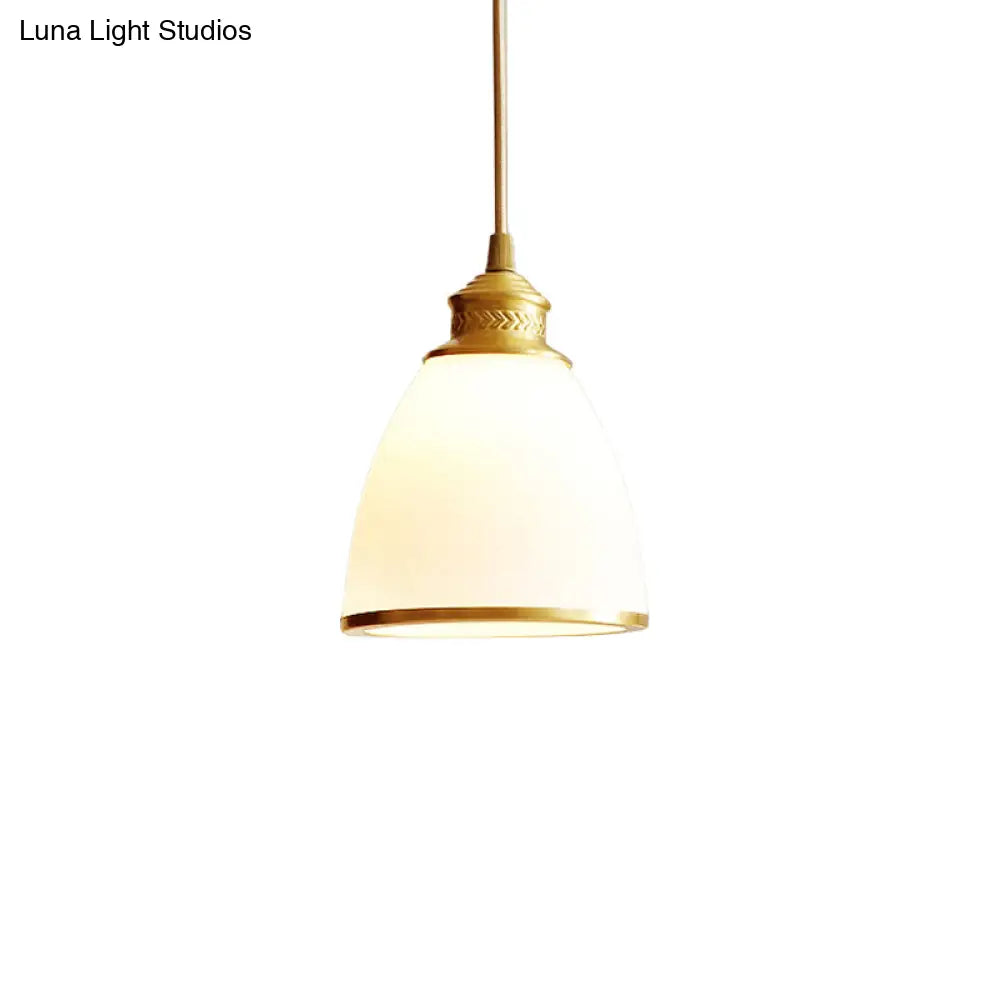 Simple Style Opal Glass Brass Pendant Lamp Bell Shade Hanging Light For Dining Room