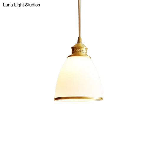 Simple Style Opal Glass Brass Pendant Lamp Bell Shade Hanging Light For Dining Room