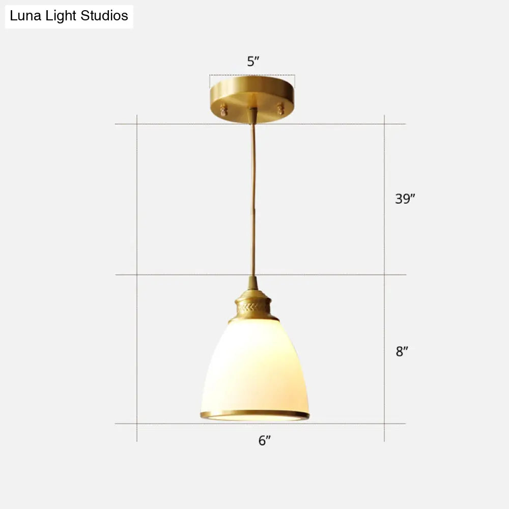 Simple Style Opal Glass Brass Pendant Lamp Bell Shade Hanging Light For Dining Room