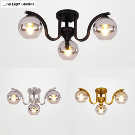 Simple Style Study Room Ceiling Light - Globe Shade Clear Glass 3 Lights Semi Mount
