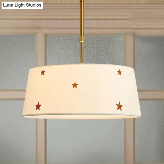 Simple Style White Fabric Drum Chandelier - Adult Bedroom Pendant Light With Star Design