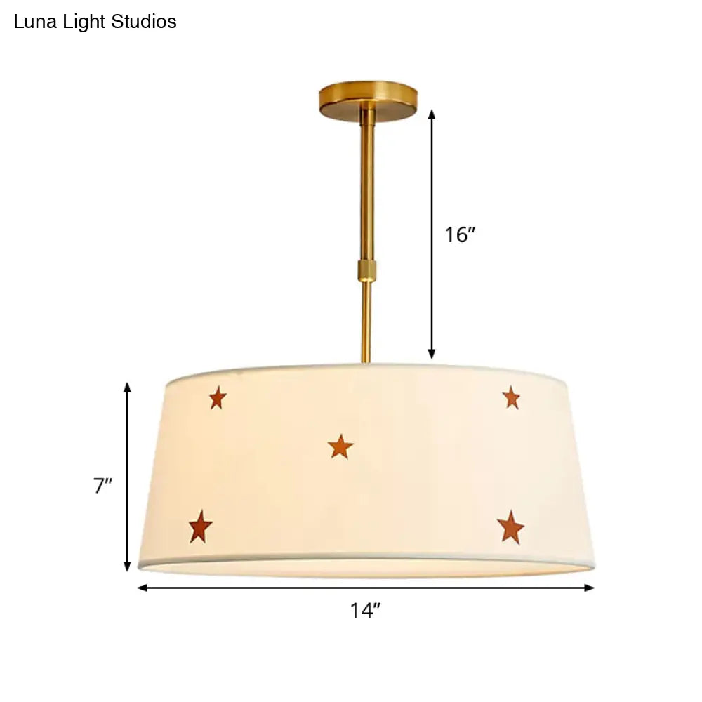 Simple Style White Fabric Drum Chandelier - Adult Bedroom Pendant Light With Star Design