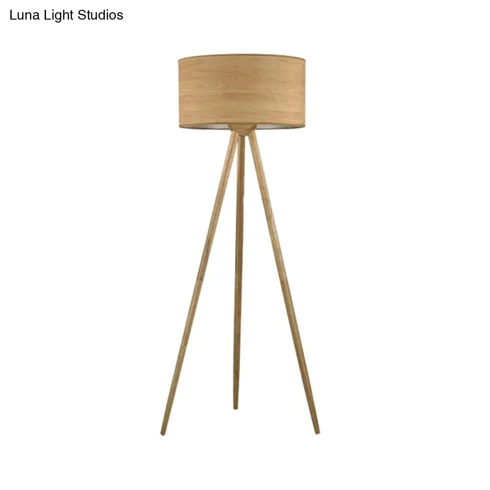 Simple Wooden Led Floor Lamp With Cylinder Shade Ideal For Bedroom - Beige