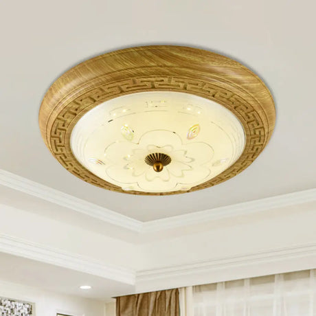 Simple Wooden Led Flushmount Ceiling Light With Dome Glass Shade - Yellow - Brown Circle