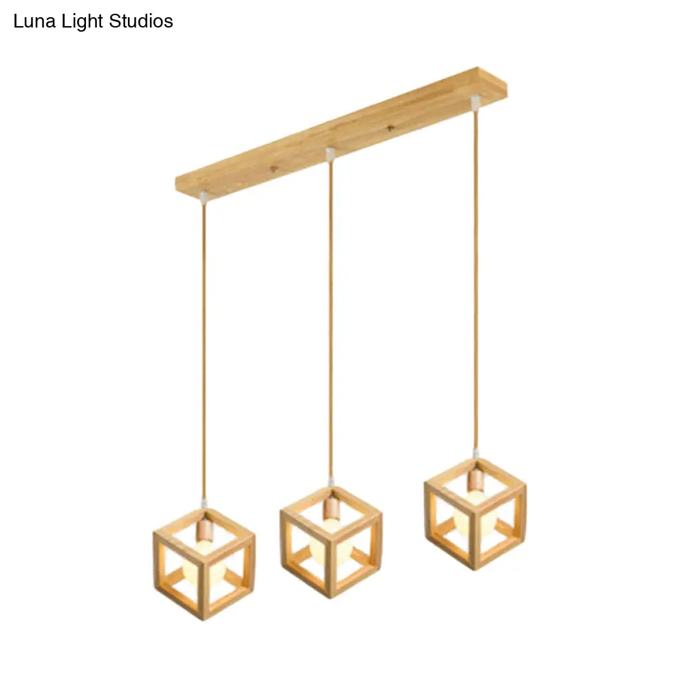Simple Wooden Square Pendant Light With 3 Multi-Lights For Kitchen