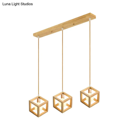Modern Square Shaped Wooden Pendant Light - 3 Bulb Multi Fixture For Kitchen