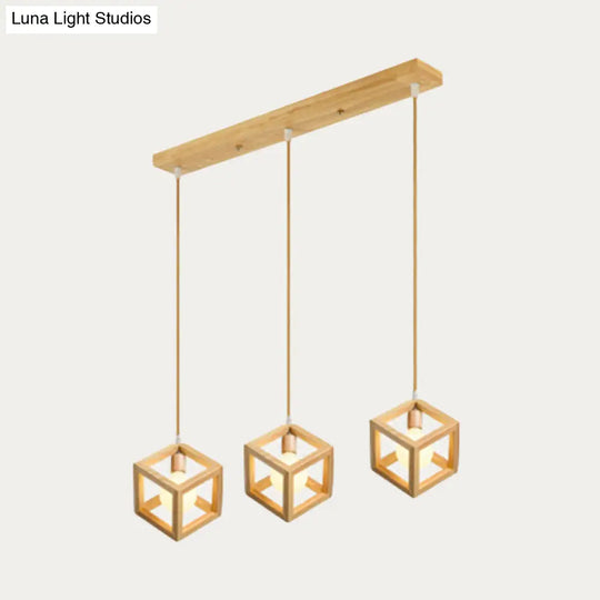 Simple Wooden Square Pendant Light With 3 Multi-Lights For Kitchen Wood / Linear