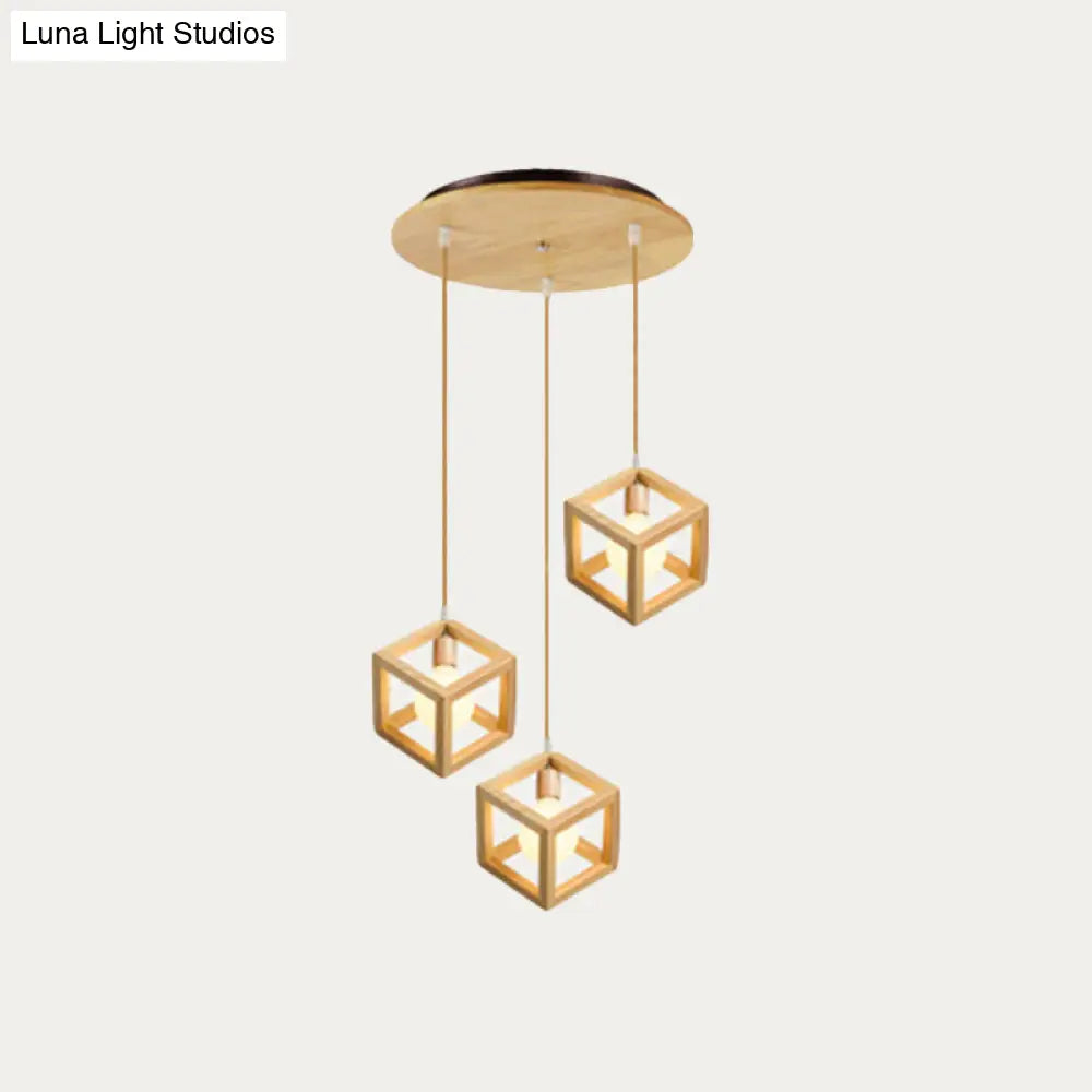 Simple Wooden Square Pendant Light With 3 Multi-Lights For Kitchen Wood / Round
