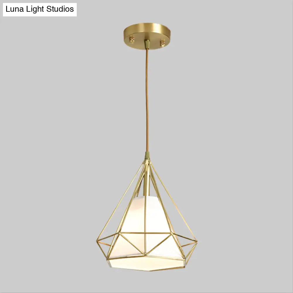 Simplicity 1-Head Brass Diamond Cage Pendant Light With Flaxen Inner Fabric Shade