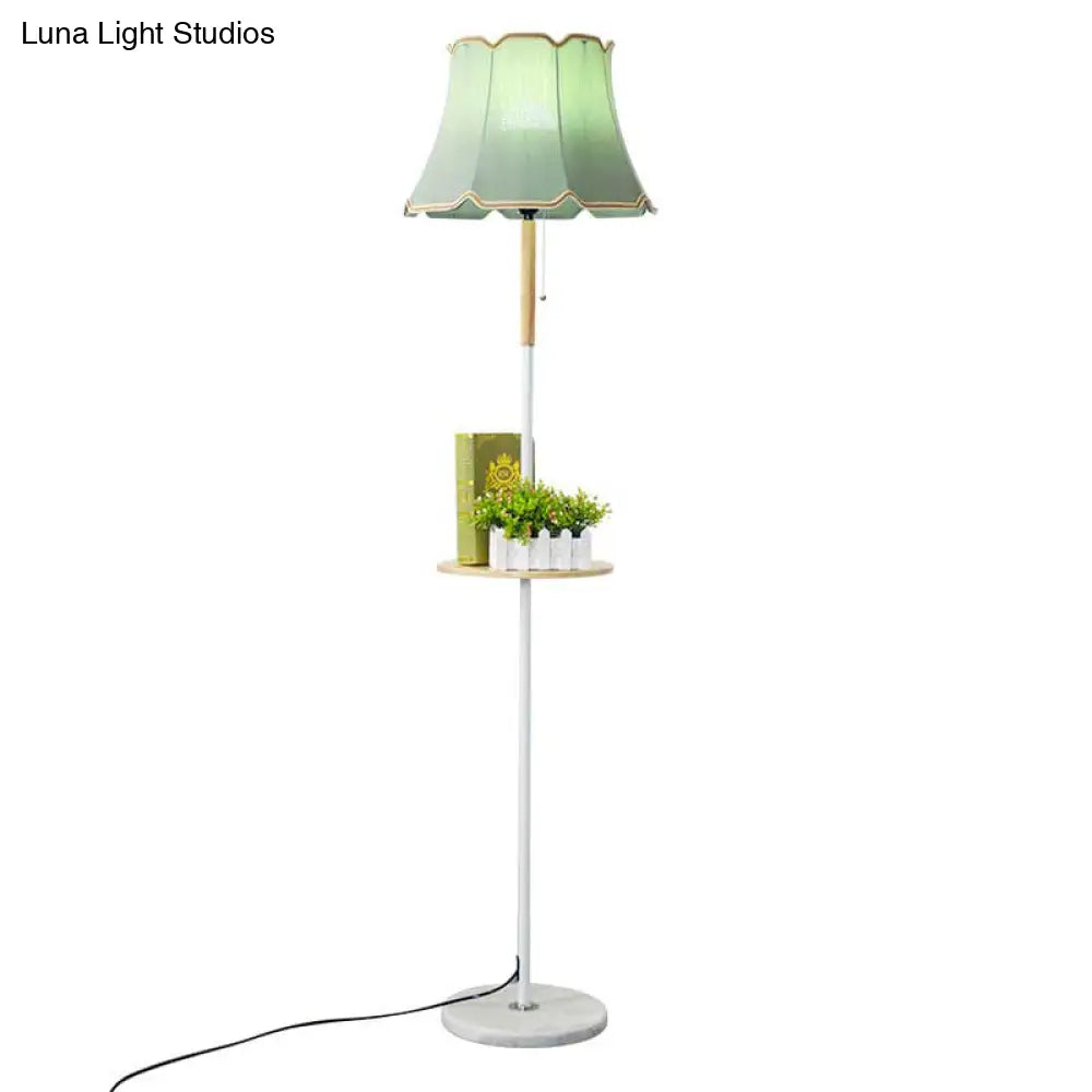 Simplicity 1-Light Floor Light With Wooden Tray - Flared Shaped Fabric Lamp