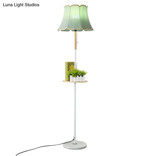 Simplicity 1-Light Floor Light With Wooden Tray - Flared Shaped Fabric Lamp