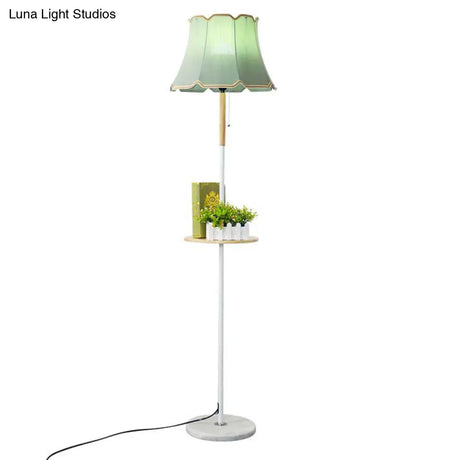 Simplicity 1-Light Floor Light With Wooden Tray - Flared Shaped Fabric Lamp