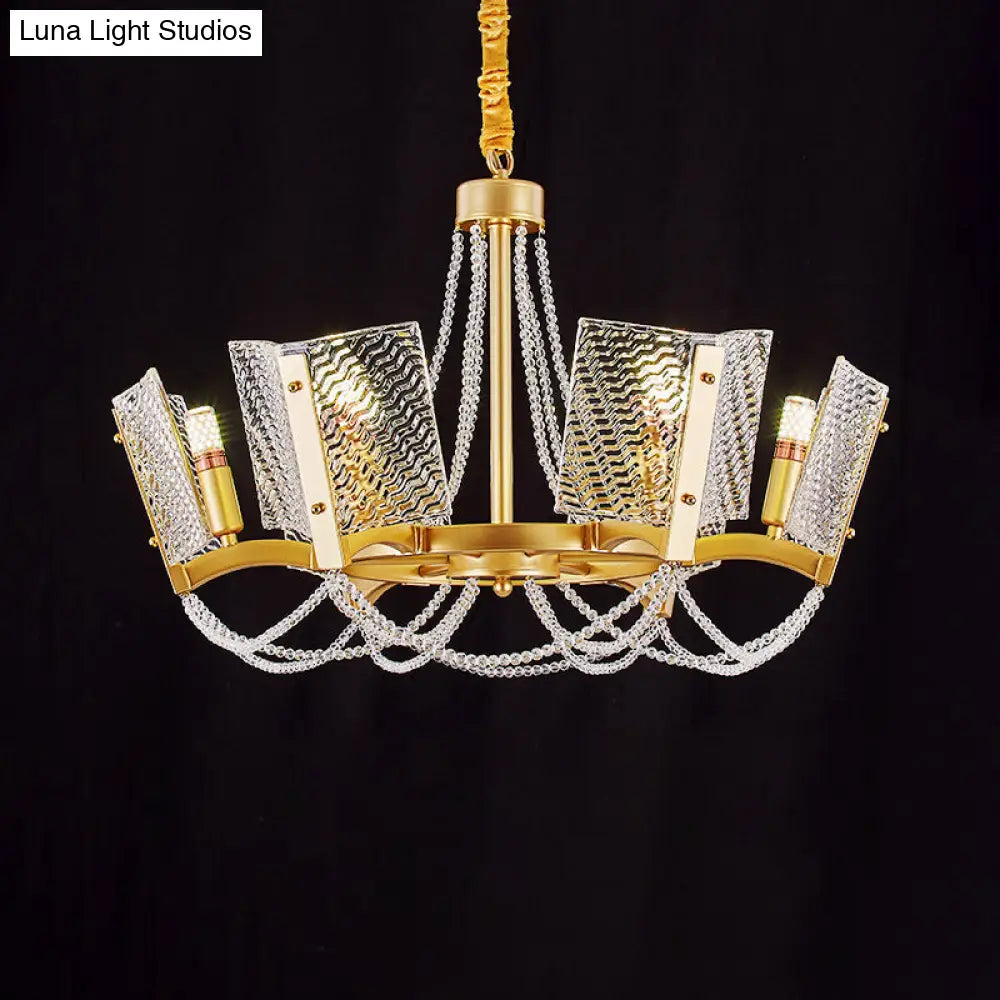 Sleek Beaded Pendant Crystal Chandelier 6/8 Heads Brass Finish Stylish Living Room Hanging Lamp