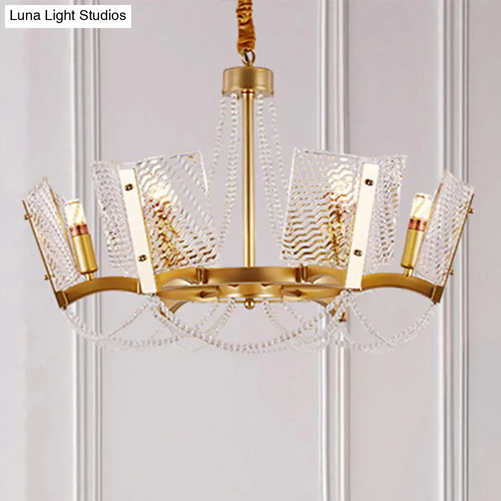 Sleek Beaded Pendant Crystal Chandelier 6/8 Heads Brass Finish Stylish Living Room Hanging Lamp
