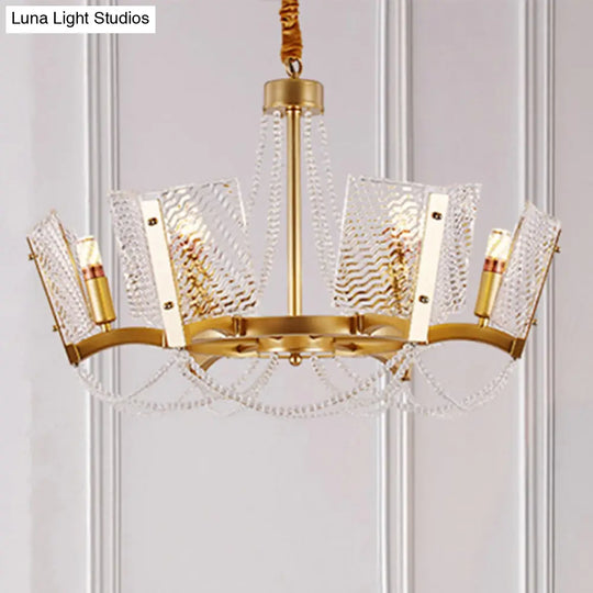 Sleek Beaded Pendant Crystal Chandelier 6/8 Heads Brass Finish Stylish Living Room Hanging Lamp