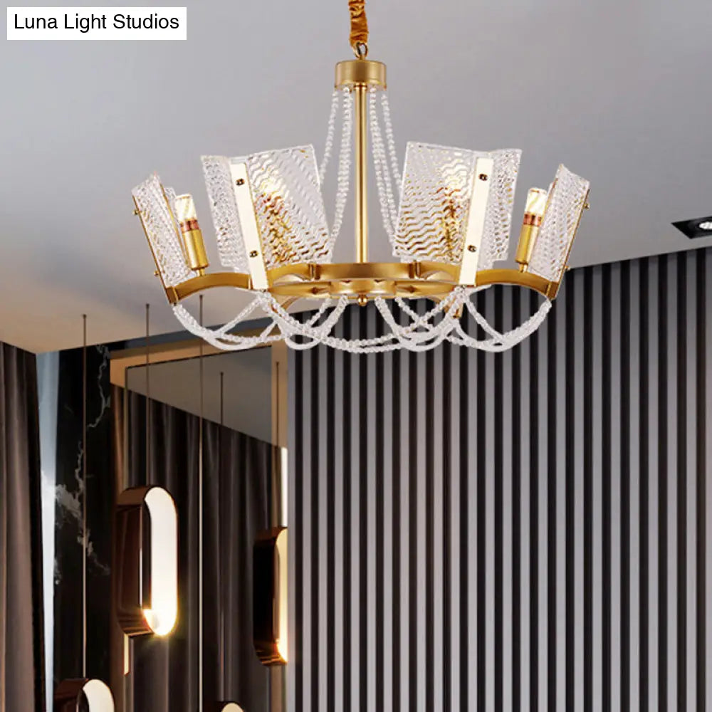 Sleek Beaded Pendant Crystal Chandelier 6/8 Heads Brass Finish Stylish Living Room Hanging Lamp