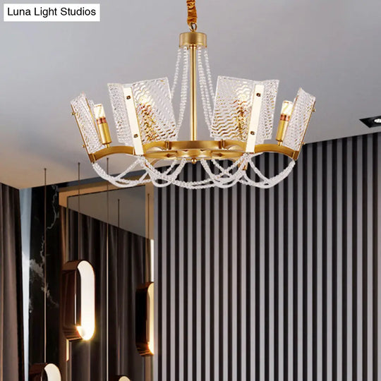 Sleek Beaded Pendant Crystal Chandelier 6/8 Heads Brass Finish Stylish Living Room Hanging Lamp