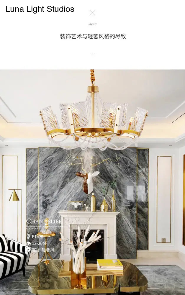 Sleek Beaded Pendant Crystal Chandelier 6/8 Heads Brass Finish Stylish Living Room Hanging Lamp 8 /
