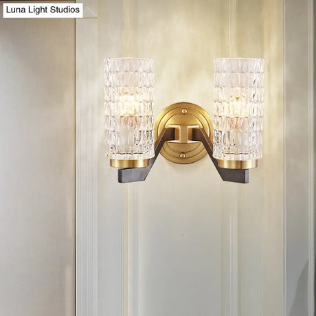 Simplicity Crystal Flush Wall Sconce With 2 Lights - Brass Bedside Fixture