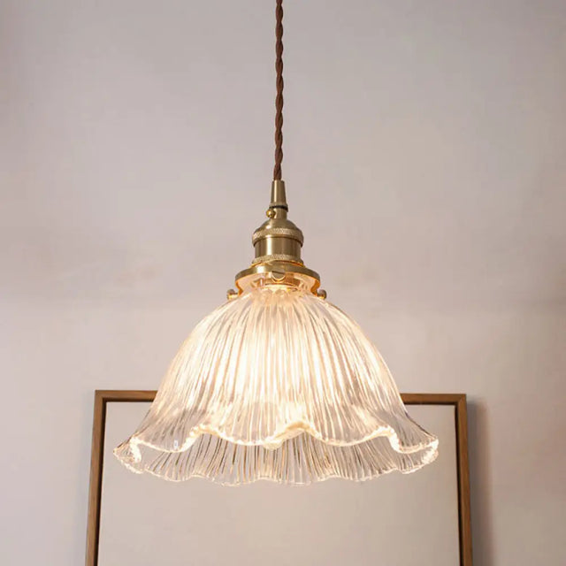 Simplicity Living Room Pendant Light Fixture With Clear Ribbed Glass Shade And Floral Design 1 /