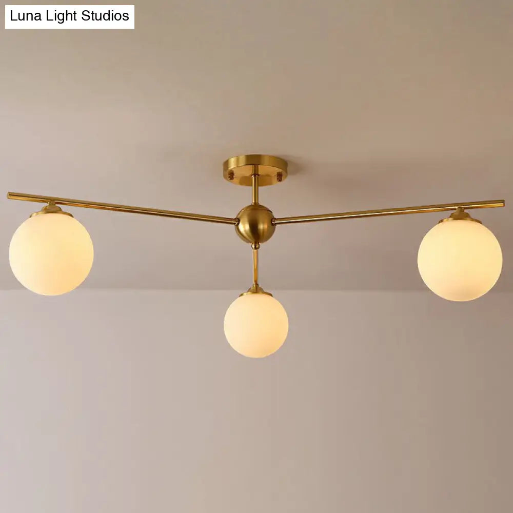 Simplicity Milk Glass Globe Semi Flush Mount Light - 3-Bulb Antiqued Gold Ceiling Fixture