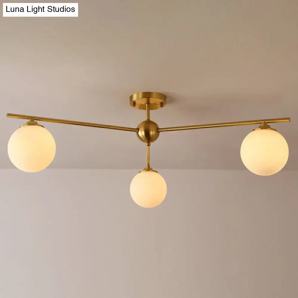 Simplicity Milk Glass Globe Semi Flush Mount Light - 3-Bulb Antiqued Gold Ceiling Fixture / Large