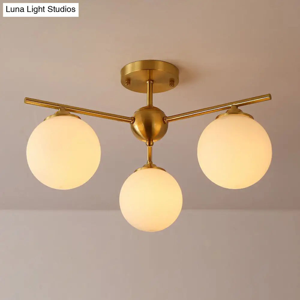 Simplicity Milk Glass Globe Semi Flush Mount Light - 3-Bulb Antiqued Gold Ceiling Fixture / Small