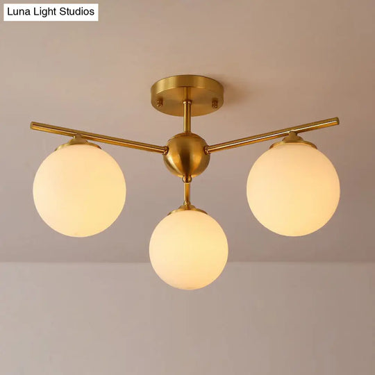 Simplicity Milk Glass Globe Semi Flush Mount Light - 3-Bulb Antiqued Gold Ceiling Fixture / Small