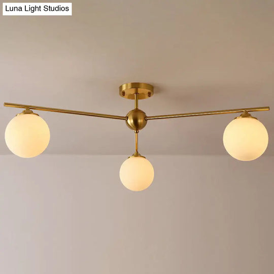 Simplicity Milk Glass Globe Semi Flush Mount Light - 3 - Bulb Antiqued Gold Ceiling Fixture