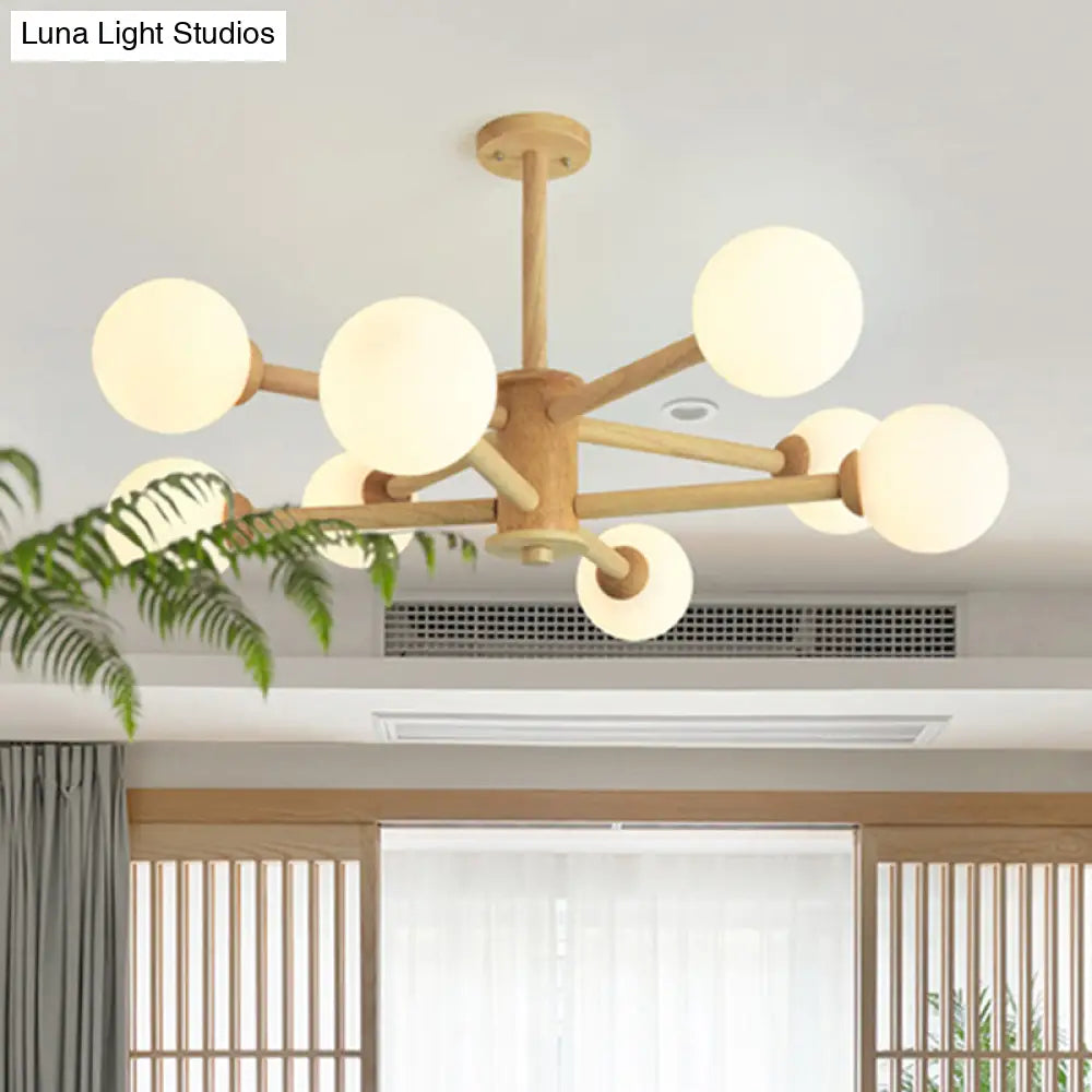 Simplicity Modern Beige Wood Hanging Light With White Frosted Glass Shade For Living Room & Bedroom
