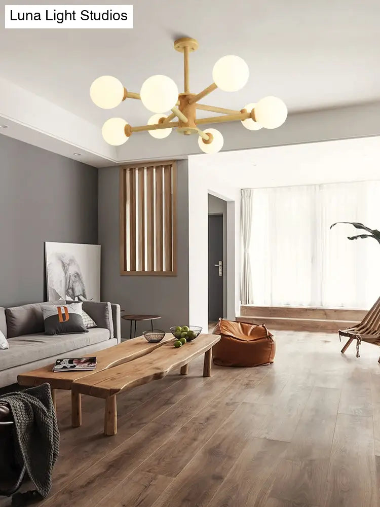 Simplicity Modern Beige Wood Hanging Light With White Frosted Glass Shade For Living Room & Bedroom