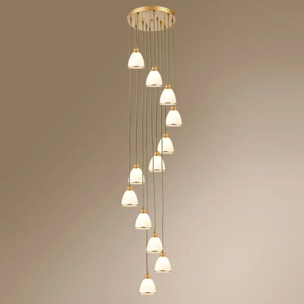 Simplicity Multi-Light Pendant | Cream Glass Spiral Bell Shade Staircase Hanging Light 12 / Gold