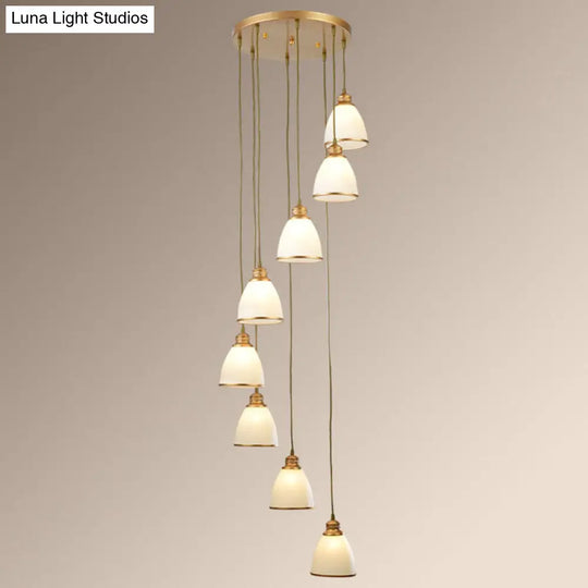 Simplicity Cream Glass Staircase Hanging Light With Spiral Bell Shade - Multi Pendant 8 / Gold