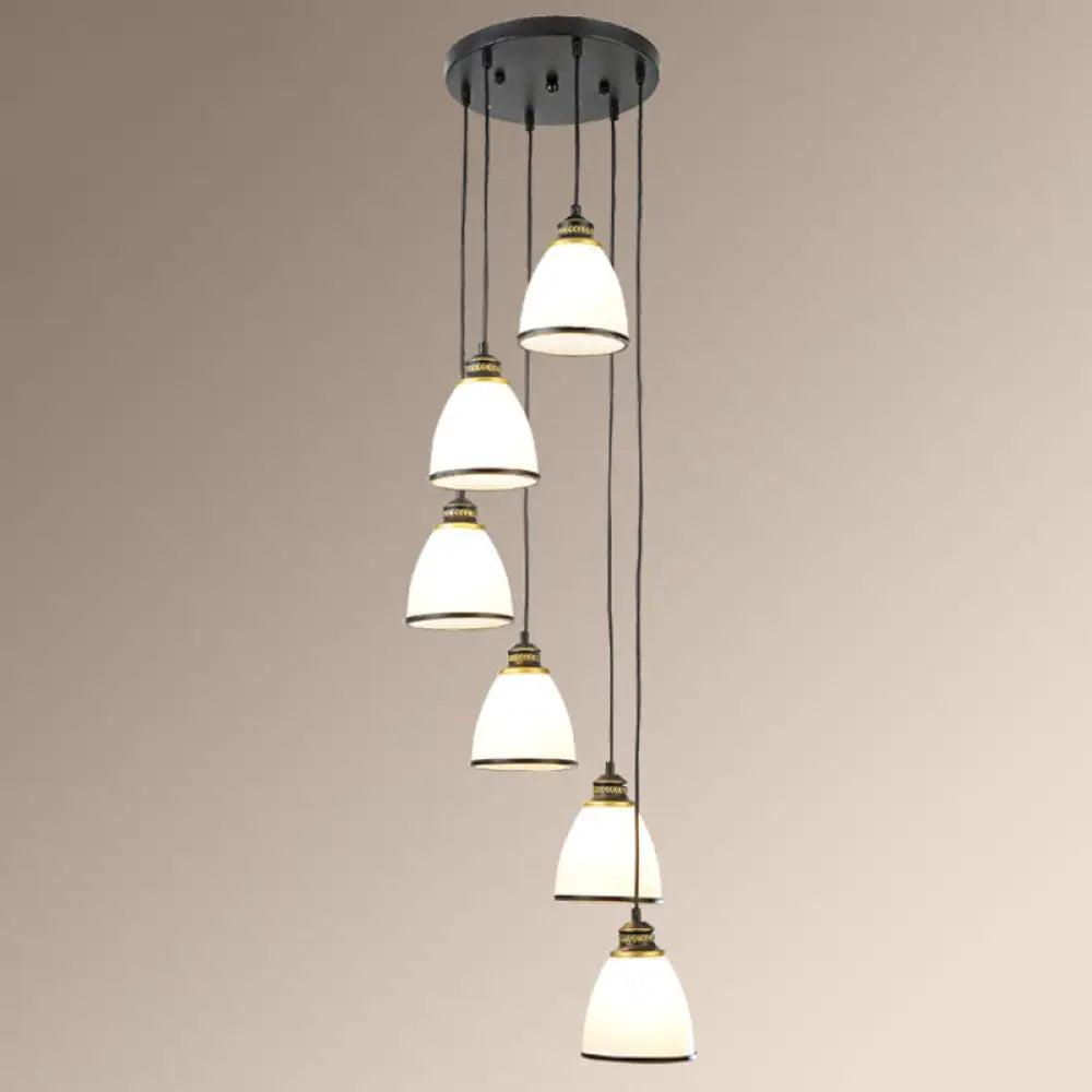 Simplicity Multi-Light Pendant | Cream Glass Spiral Bell Shade Staircase Hanging Light 6 / Black