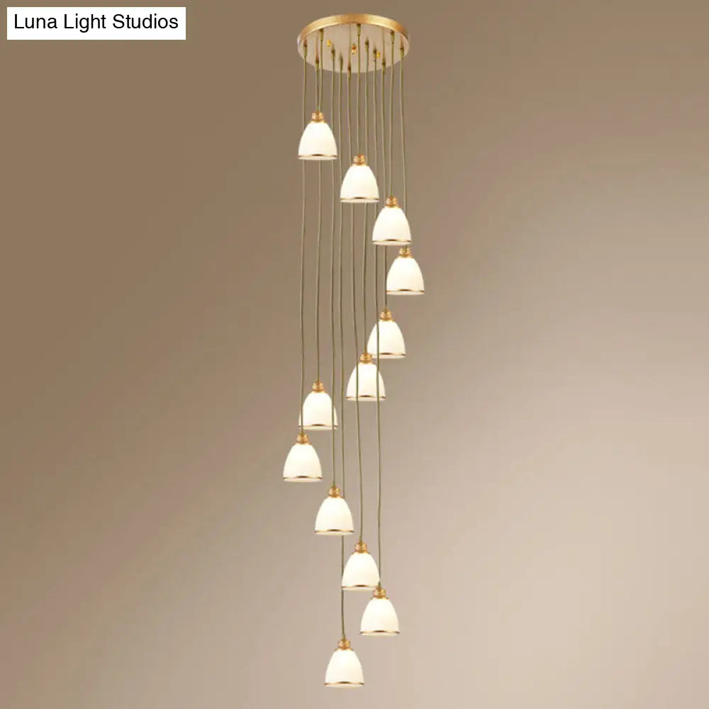 Simplicity Cream Glass Staircase Hanging Light With Spiral Bell Shade - Multi Pendant 12 / Gold