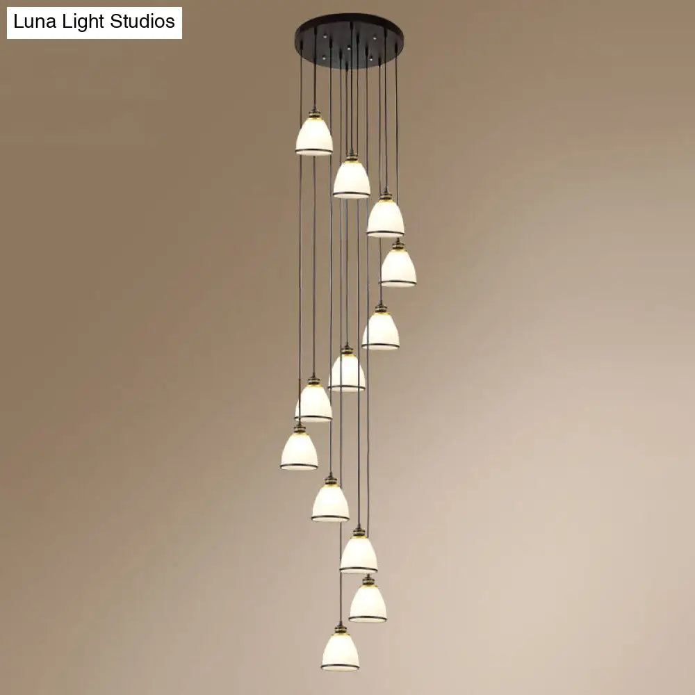 Simplicity Cream Glass Staircase Hanging Light With Spiral Bell Shade - Multi Pendant 12 / Black