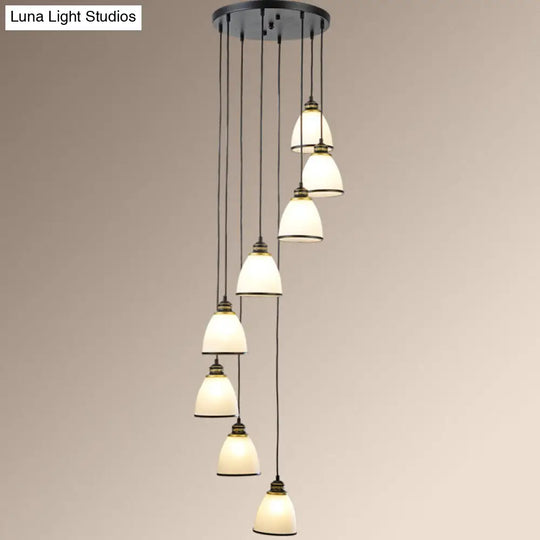 Simplicity Cream Glass Staircase Hanging Light With Spiral Bell Shade - Multi Pendant 8 / Black