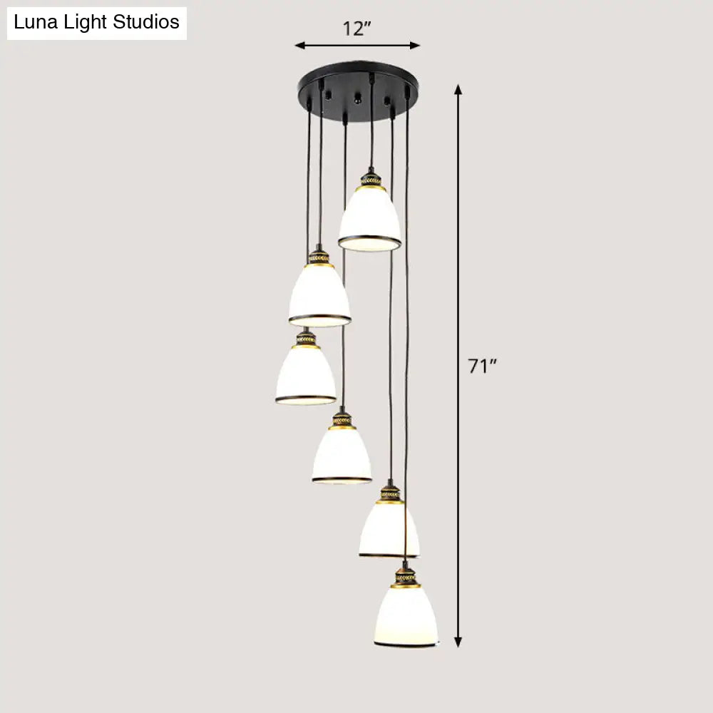 Simplicity Cream Glass Staircase Hanging Light With Spiral Bell Shade - Multi Pendant