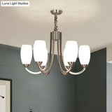 Simplicity Nickel Finish Swoop Arm Chandelier With Oval White Glass Shade: Elegant Metal Pendant
