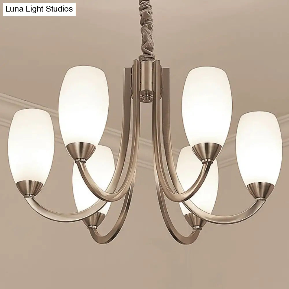 Simplicity Nickel Finish Swoop Arm Chandelier With Oval White Glass Shade: Elegant Metal Pendant