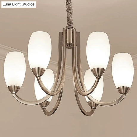 Simplicity Nickel Finish Swoop Arm Chandelier With Oval White Glass Shade: Elegant Metal Pendant