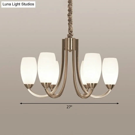Simplicity Nickel Finish Swoop Arm Chandelier With Oval White Glass Shade: Elegant Metal Pendant