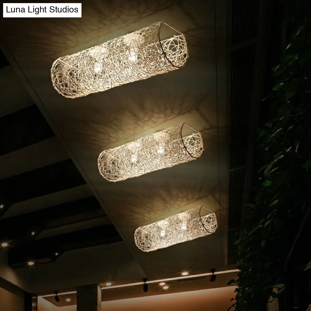 Simplicity Rattan Flush Mount Ceiling Light - Cylindrical Restaurant Lighting