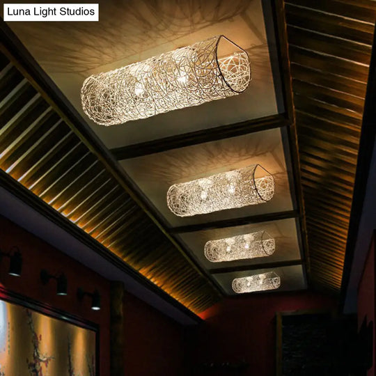 Simplicity Rattan Flush Mount Ceiling Light - Cylindrical Restaurant Lighting